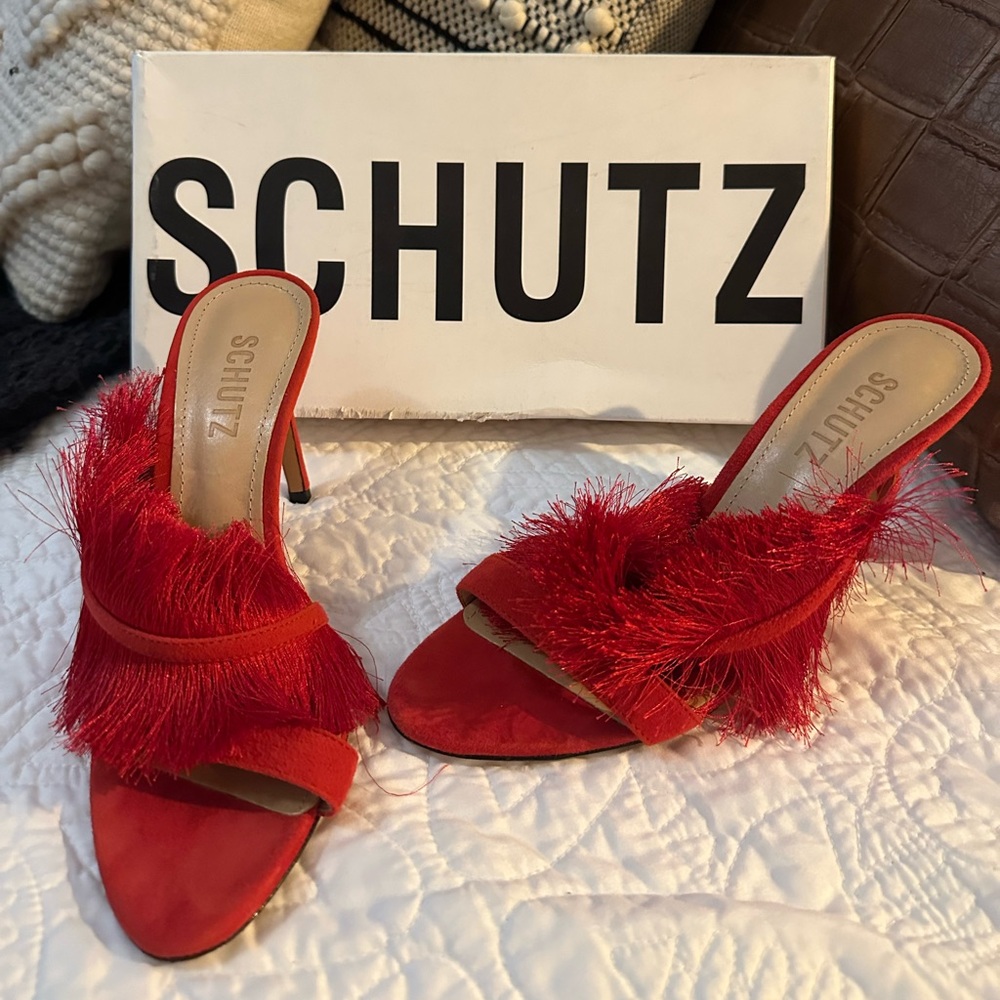 SCHUTZ Vibrant Red Feathered Heels/Sandals
